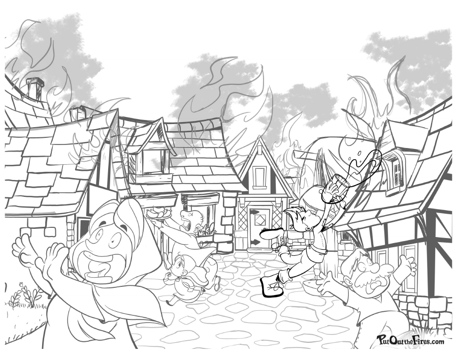 Clyde and the villagers surrounded by burning houses